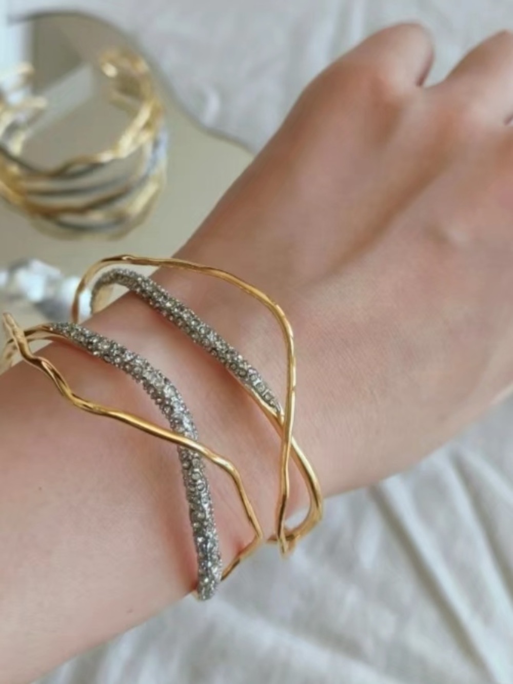 ALEXIS BITTAR Solanales Gold Silver Crystal Cuff Bangle Bracelet